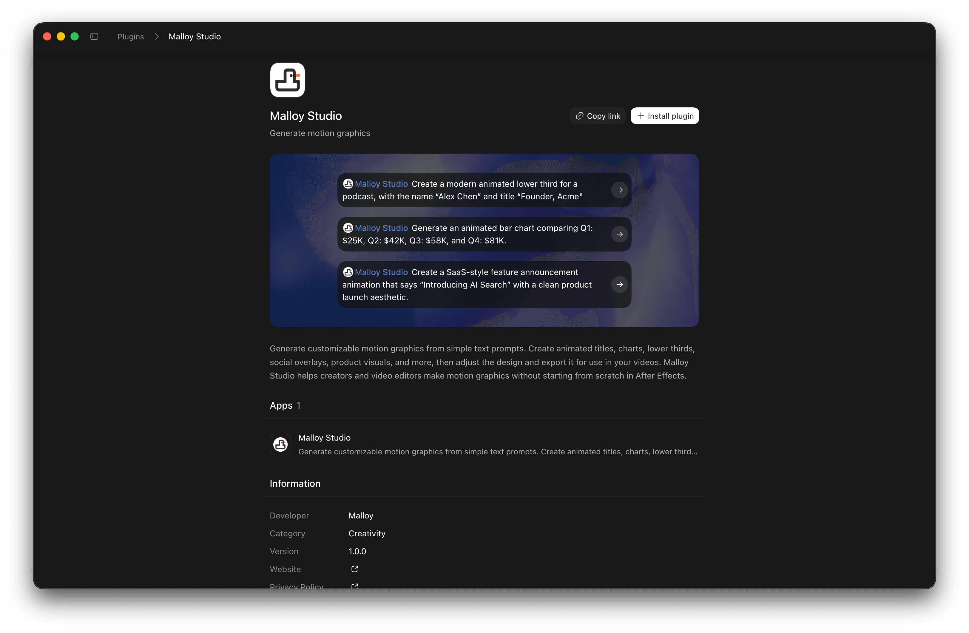 Malloy Studio plugin listing with the Install plugin button and example motion graphics prompts